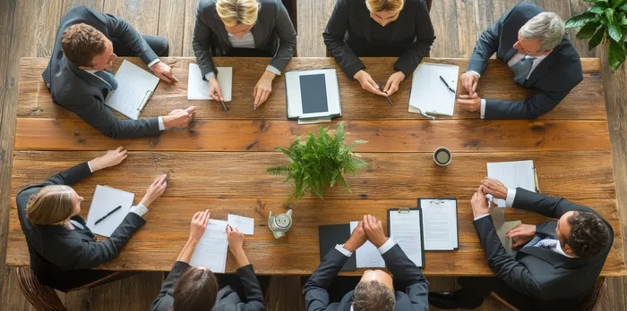 Top view of eight business professionals in a meeting around a wooden table with documents, notebooks, and a plant in the center.