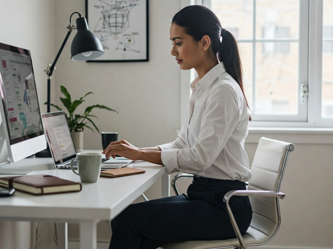 A focused short-term rental property manager working at a modern desk, viewed from the front with no screen content visible. The scene conveys a calm, professional workspace with natural light and subtle details suggesting revenue management tasks.