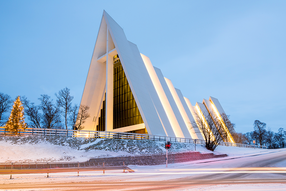 Tromso Arctic Cathedral Church in Norway at dusk twilight