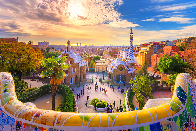 Sunset view from Park Guell in Barcelona, Spain