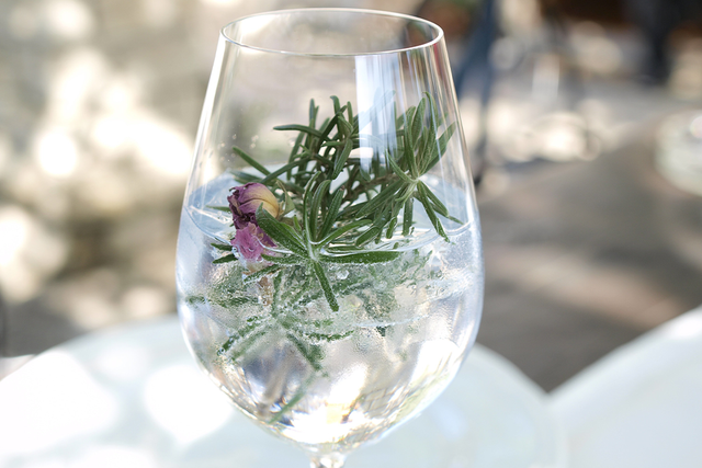 A gin glass garnished with rosemary sprigs and a small purple flower, set on a reflective surface.