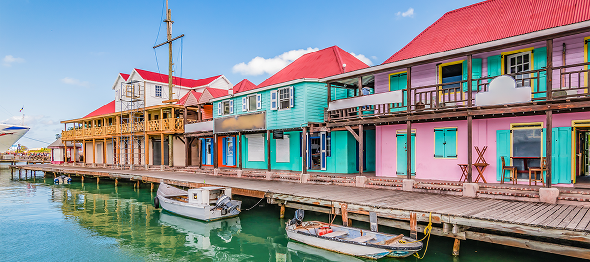 St John's, Antigua. Colorful buildings at the cruise port.