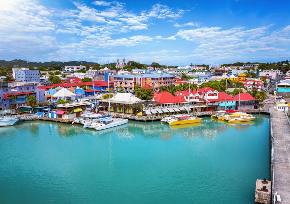 Aerial view of Redcliffe Quay and St. Johns, capital city of Antigua and Barbuda island, Caribbean Sea