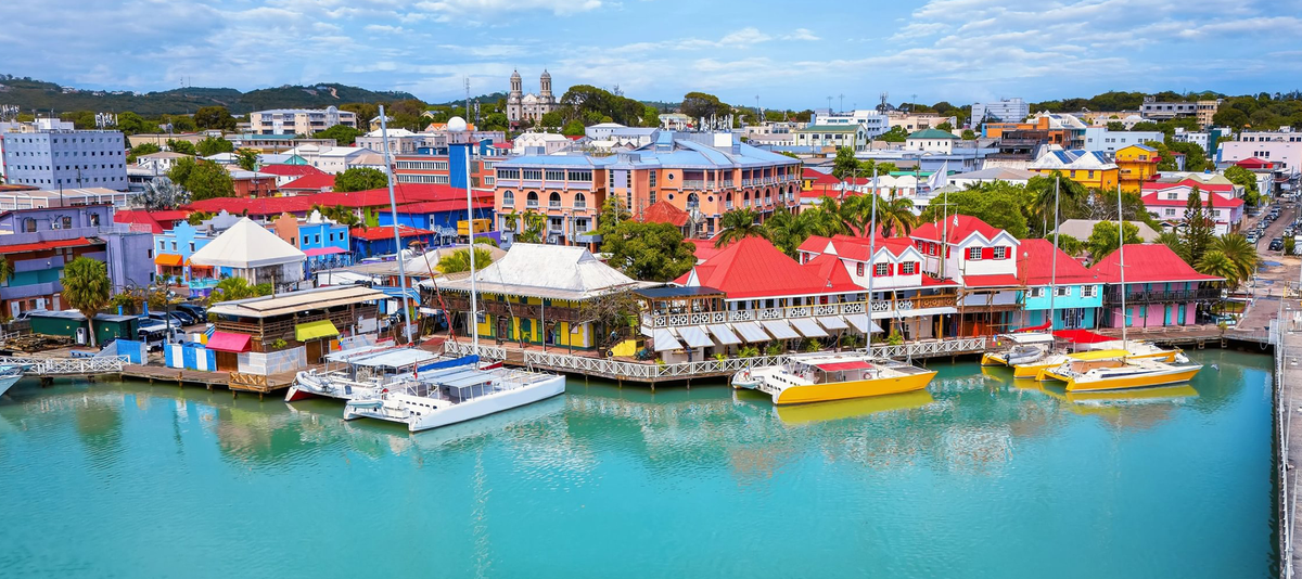 Aerial view of Redcliffe Quay and St. Johns, capital city of Antigua and Barbuda island, Caribbean Sea