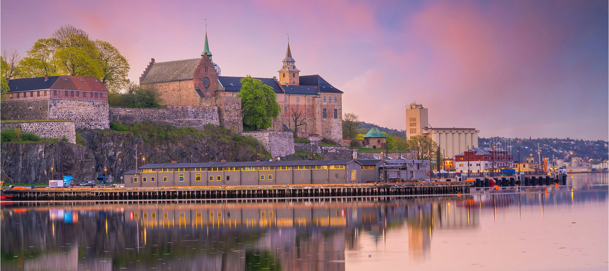 Oslo downtown city skyline cityscape in Norway at sunset