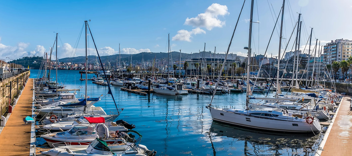 A panorama view across the marina in Vigo, Spain on a spring day