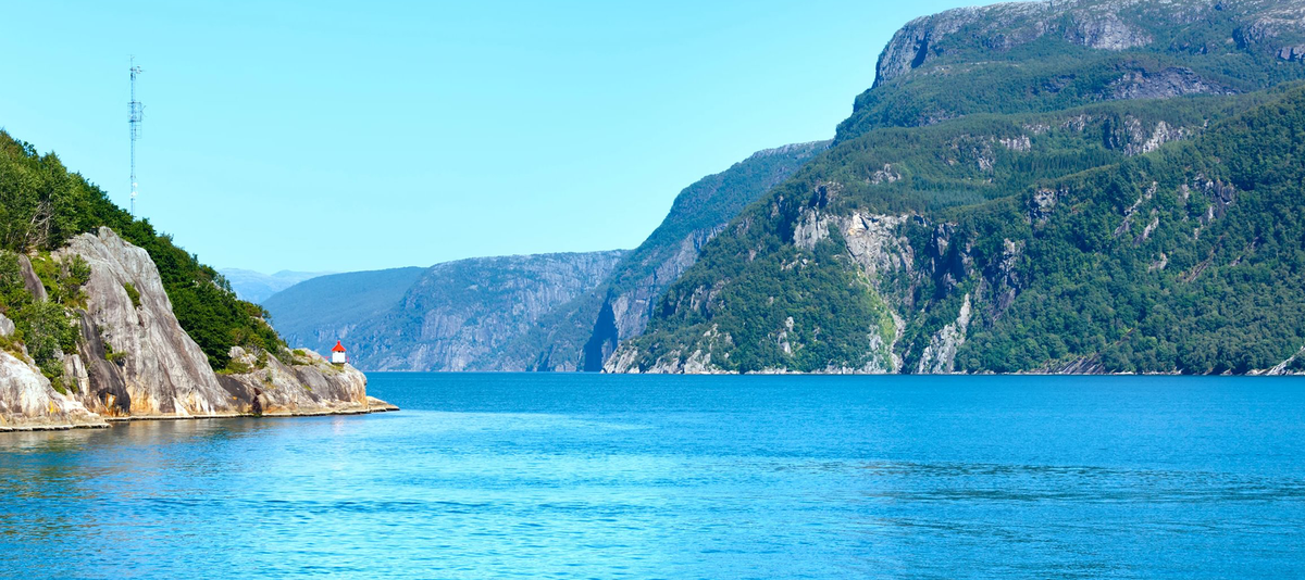 Fjord summer hazy view from ferry (Boknafjord, Norway)