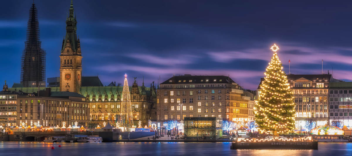 Town hall with christmas markets and tree during christmas time in december in Hamburg, Germany.