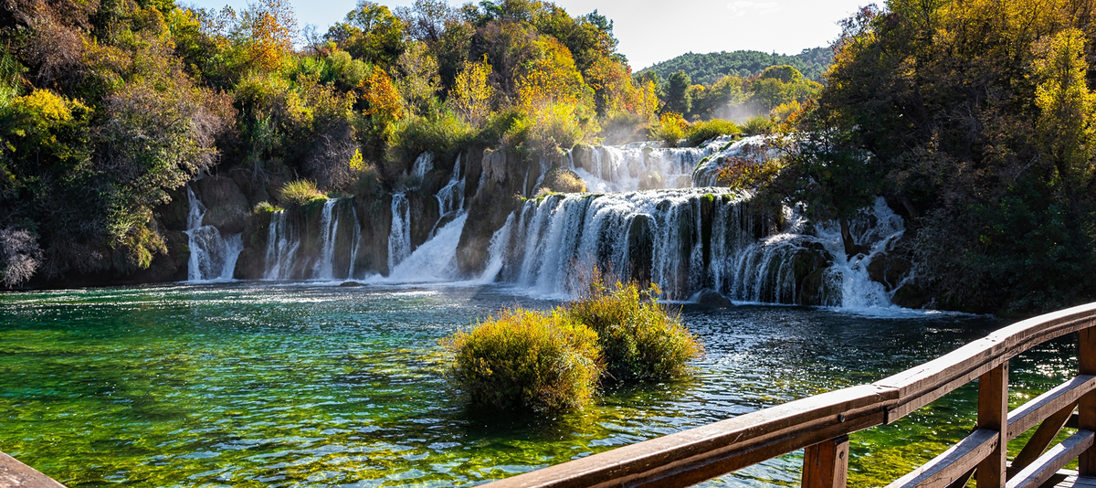 Amazing waterfalls Krka National Park in Croatia, beautiful Skradinski Buk Waterfall in Krka National Park. Travel attraction in Dalmatia, Croatia