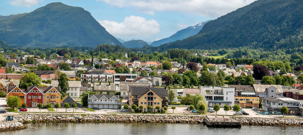 Nordfjordeid Panorama view from harbor Vestland in Norway (Norwegen, Norge or Noreg)