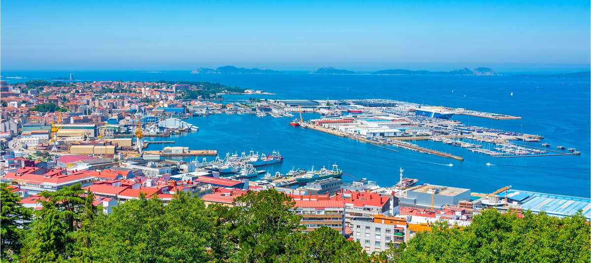Aerial view of port in Spanish town Vigo.