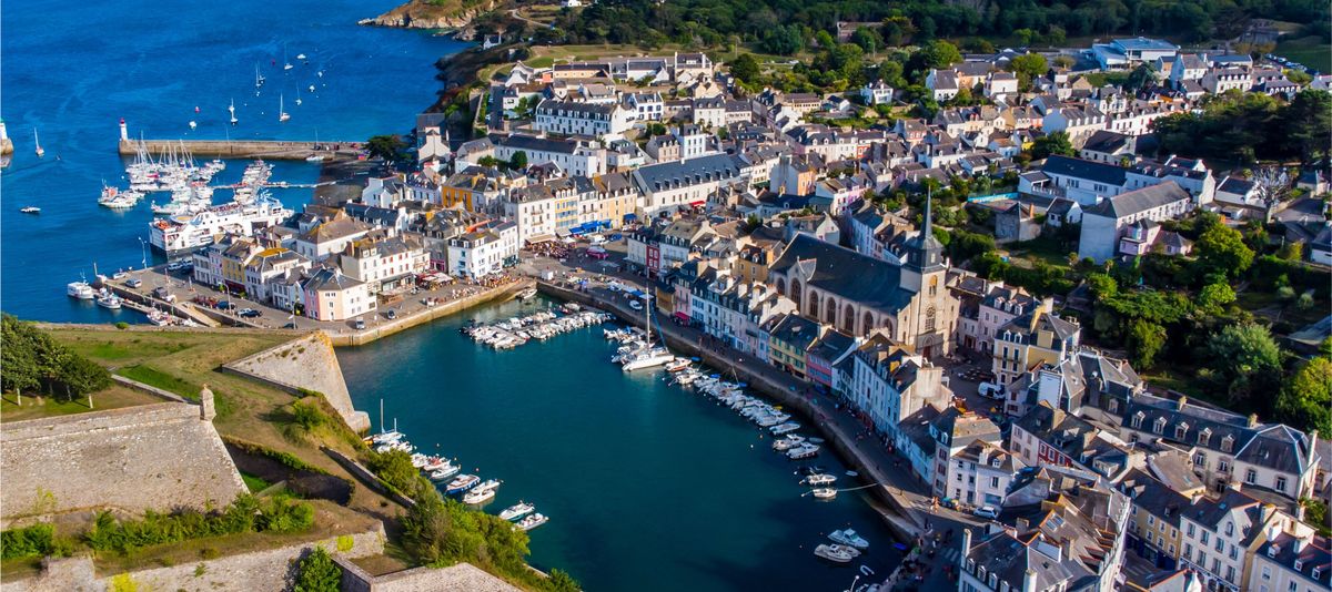 Aerial view of the marina of Le Palais on Belle-Île-en-Mer, the largest island of Brittany in Morbihan, France - Small island town in the Atlantic Ocean