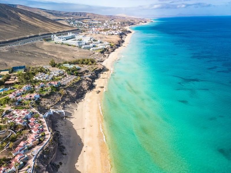Aerial views of Butihondo and Jandia beach, Fuerteventura, Canary Islands, Spain