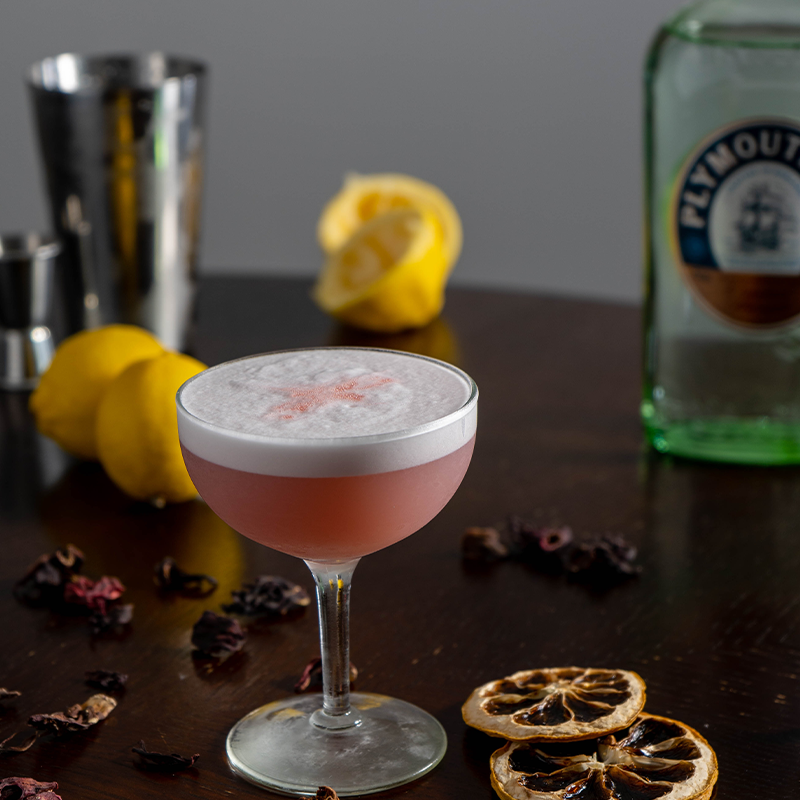 A pink cocktail in a coupe glass with a frothy top, surrounded by lemons, dried citrus slices, and a gin bottle on a dark table.