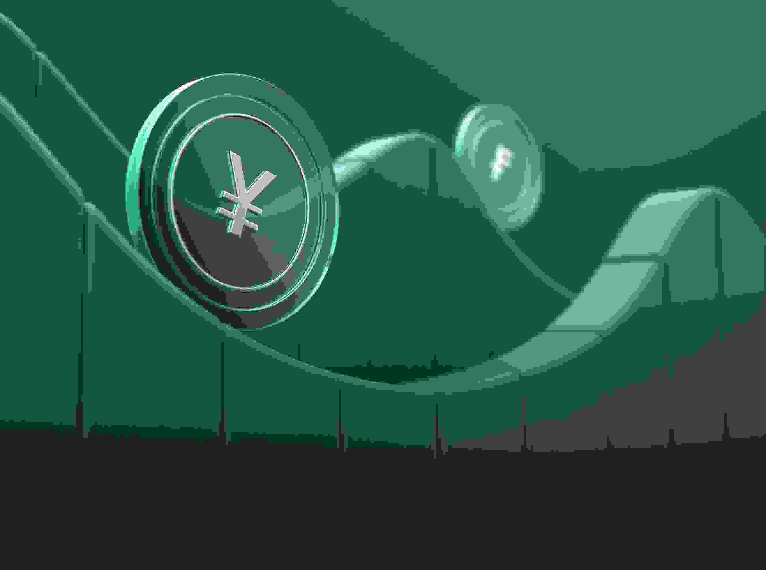 3d illustration of a metallic yen symbol in a circular frame, set against a teal background with a sleek, futuristic design highlighted by glowing elements and curving lines.