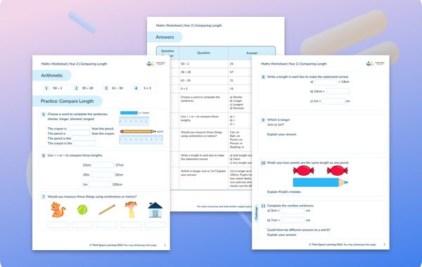Maths Worksheet Comparing Length Year 2
