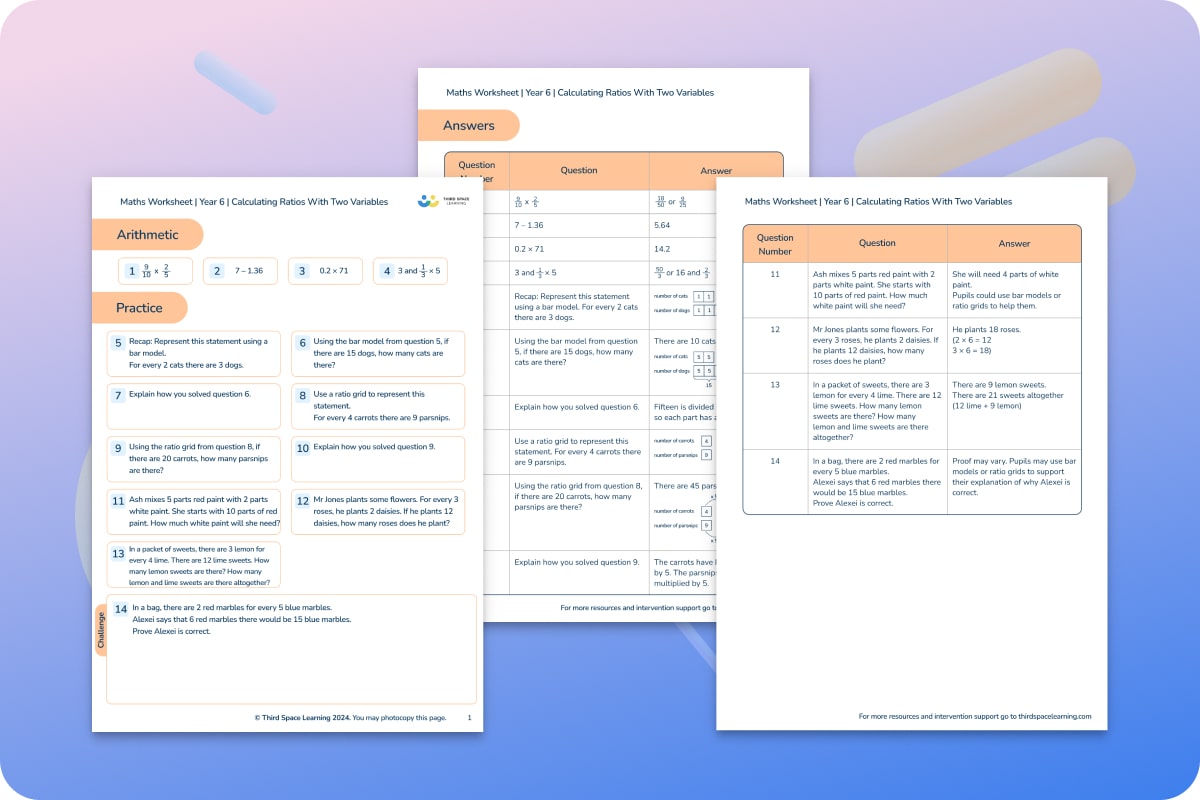 Maths Worksheets | Calculating Ratios With Two Variables | Year 6