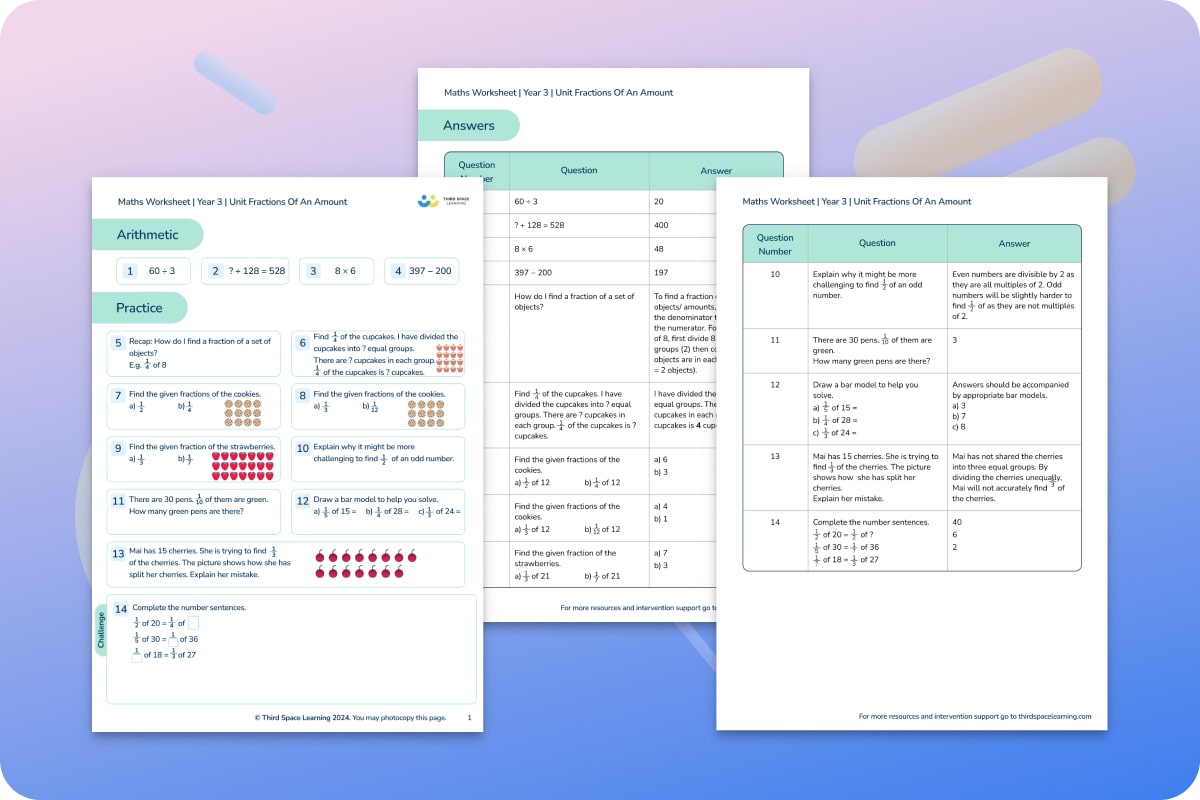 Maths Worksheets | Unit Fractions Of An Amount | Year 3