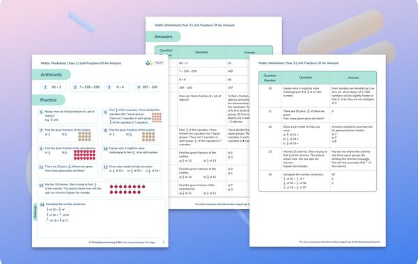 Maths Worksheet Unit Fractions Of An Amount Year 3