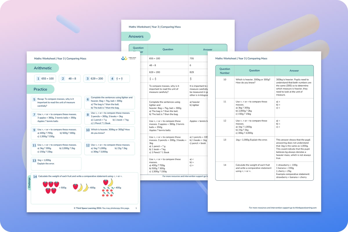 Maths Worksheets | Comparing Mass | Year 3
