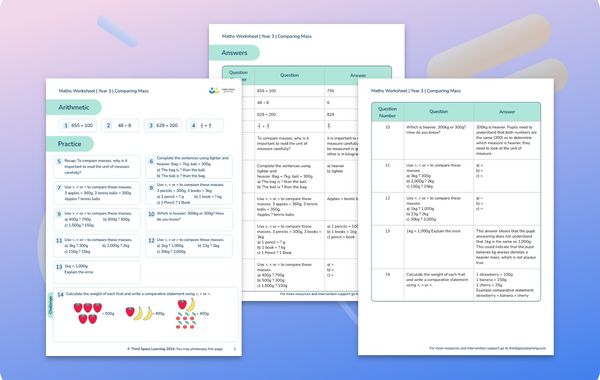 Maths Worksheet Comparing Mass Year 3