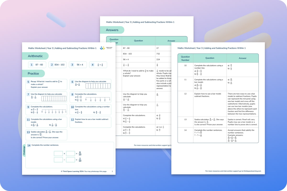 Maths Worksheets | Adding And Subtracting Fractions Within 1 | Year 3