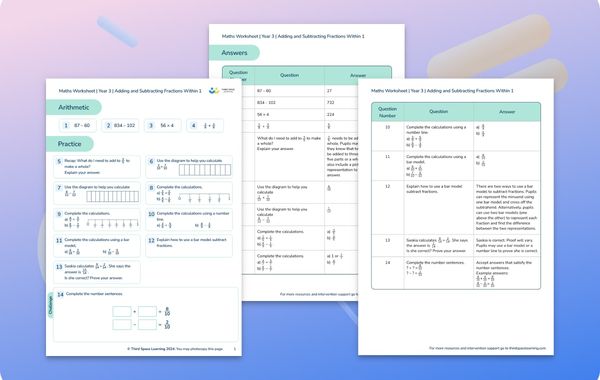 Maths Worksheet Adding and Subtracting Fractions Within 1 Year 3