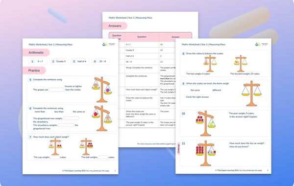 Maths Worksheet Measuring Mass Year 1