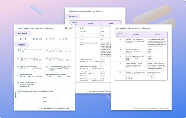 Maths Worksheet Dividing 1 or 2-Digits by 10 Year 4