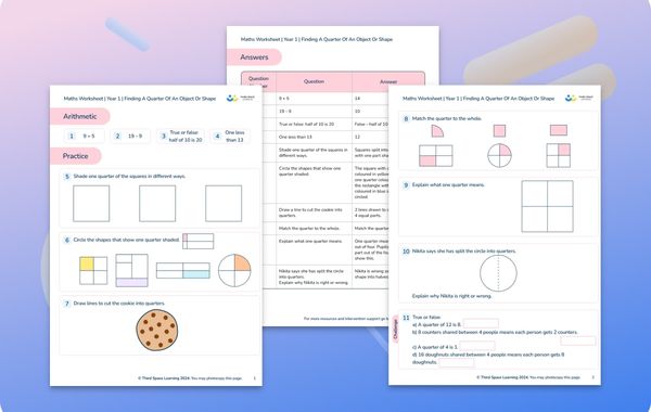 Maths Worksheet Finding A Quarter Of An Object Or Shape Year 1