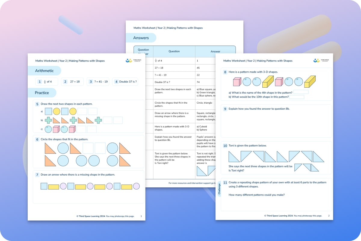 Maths Worksheets | Making Patterns With Shapes | Year 2