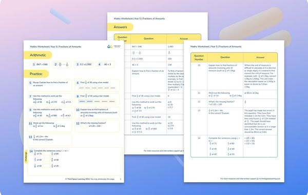 Maths Worksheet Fractions of Amounts Year 5