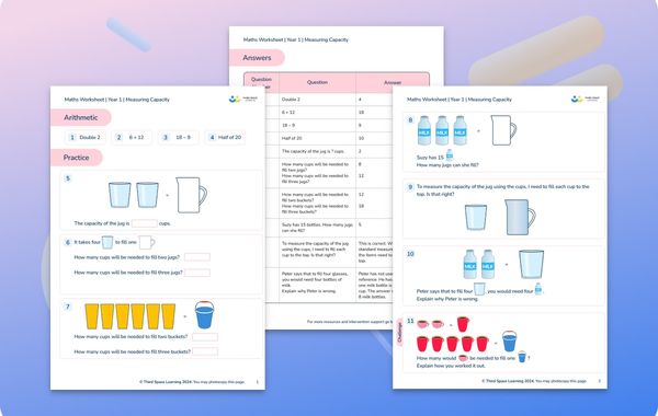 Maths Worksheet Measuring Capacity Year 1