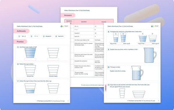 Maths Worksheet Full And Empty Year 1