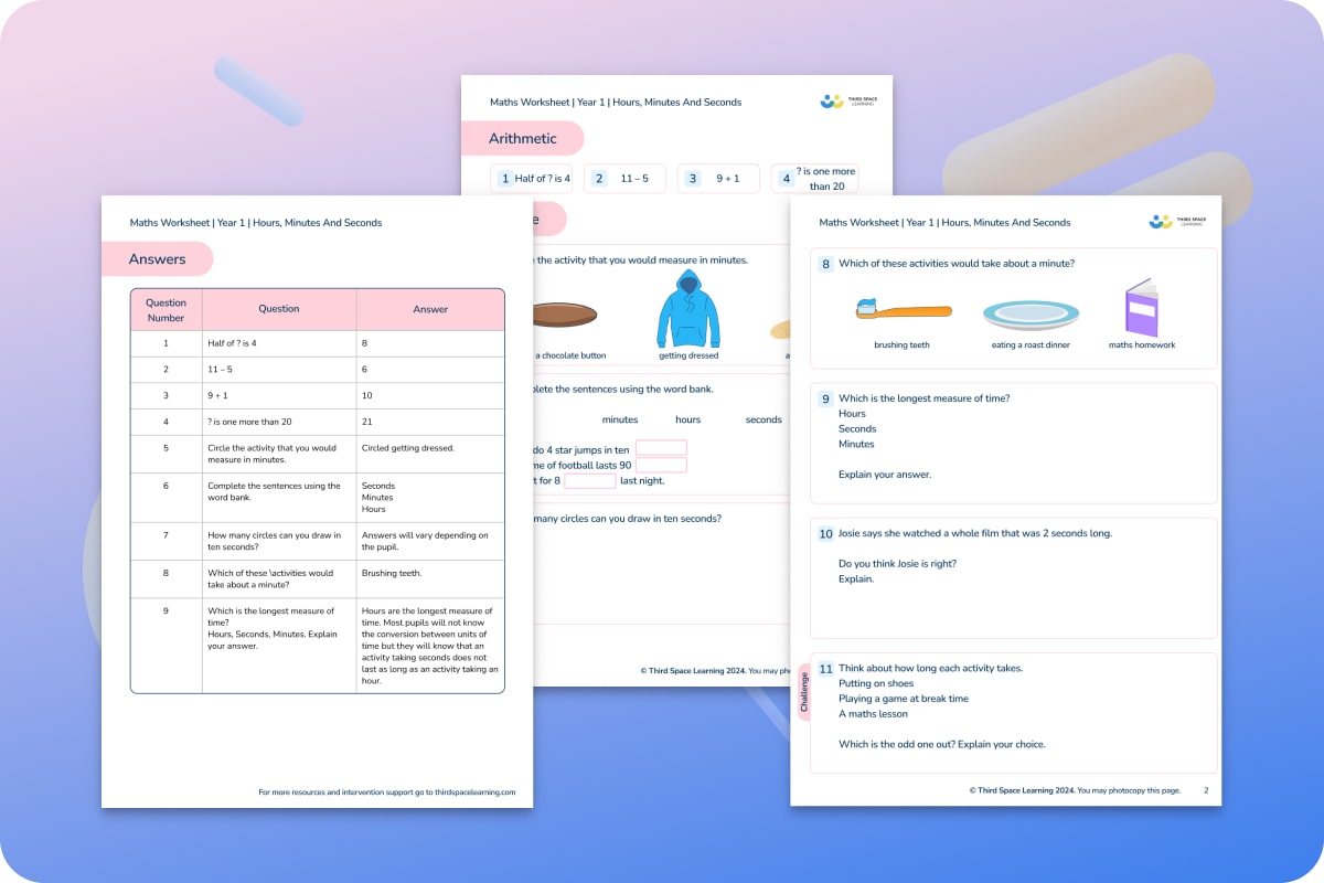 Maths Worksheet Hours, Minutes And Seconds Year 1