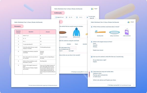 Maths Worksheet Hours, Minutes And Seconds Year 1