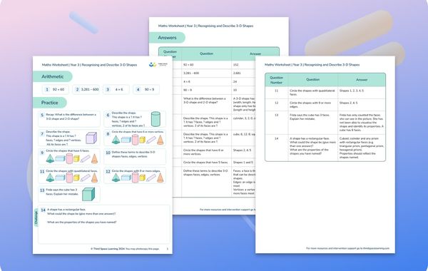 Maths Worksheet Recognising 3-D Shapes Year 3