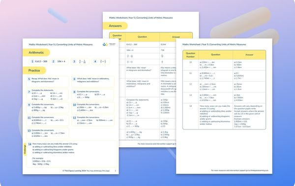 Maths Worksheet Converting Units of Metric Measures Year 5
