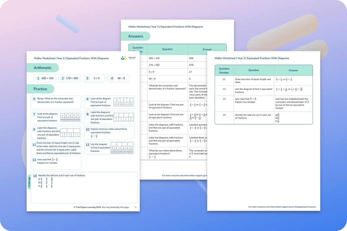 Maths Worksheets | Equivalent Fractions With Diagrams | Year 3