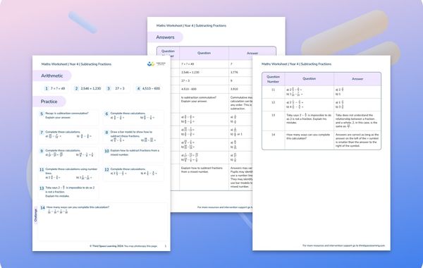 Maths Worksheet Subtracting Fractions Year 4