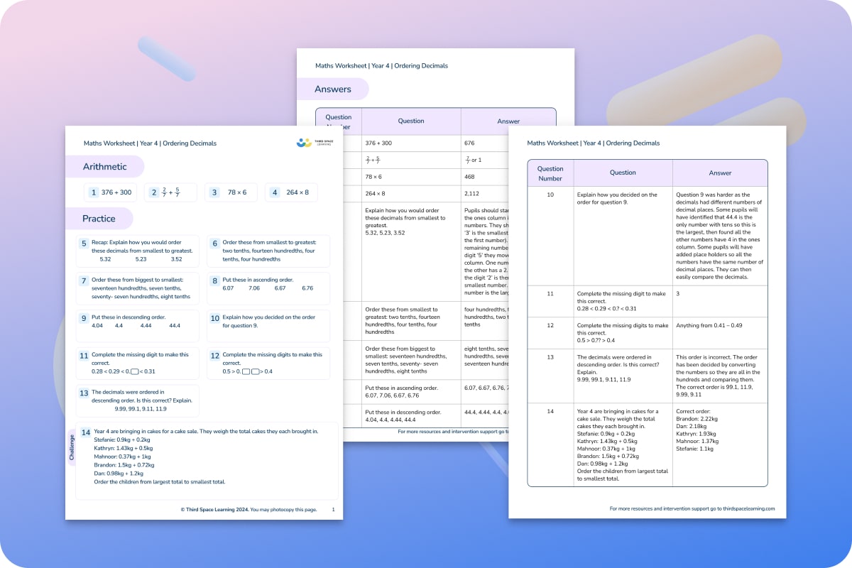 Maths Worksheet Ordering Decimals Year 4 | Maths Hub | Third Space Learning