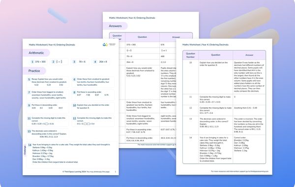 Maths Worksheet Ordering Decimals Year 4