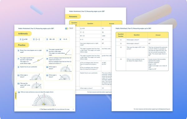 Maths Worksheet Measuring Angles up to 180 Degrees Year 5