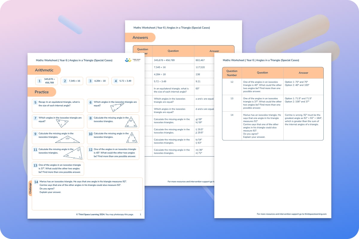 Maths Worksheets | Angles In Triangles (Special Cases) | Year 6