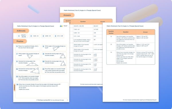 Maths Worksheet Angles in Triangles (Special Cases) Year 6