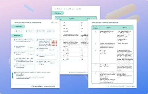Maths Worksheet Non-Unit Fractions Of An Amount Year 3