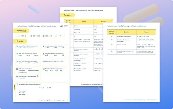 Maths Worksheet Percent as Fractions and Decimals Year 5