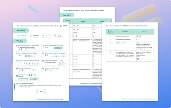 Maths Worksheet Subtracting Fractions With The Same Denominator Year 3