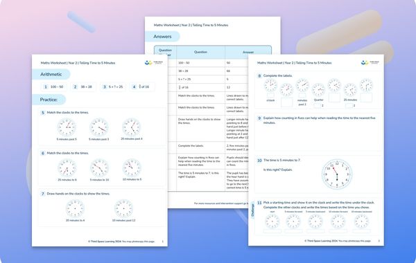 Maths Worksheet Telling Time to 5 Minutes Year 2