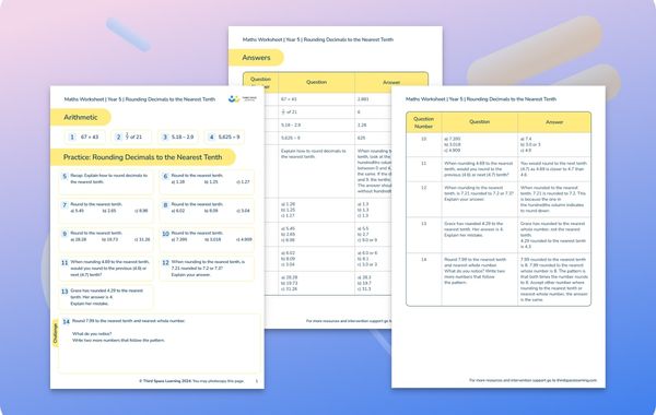 Maths Worksheet Rounding Decimals to the Nearest Tenth Year 5